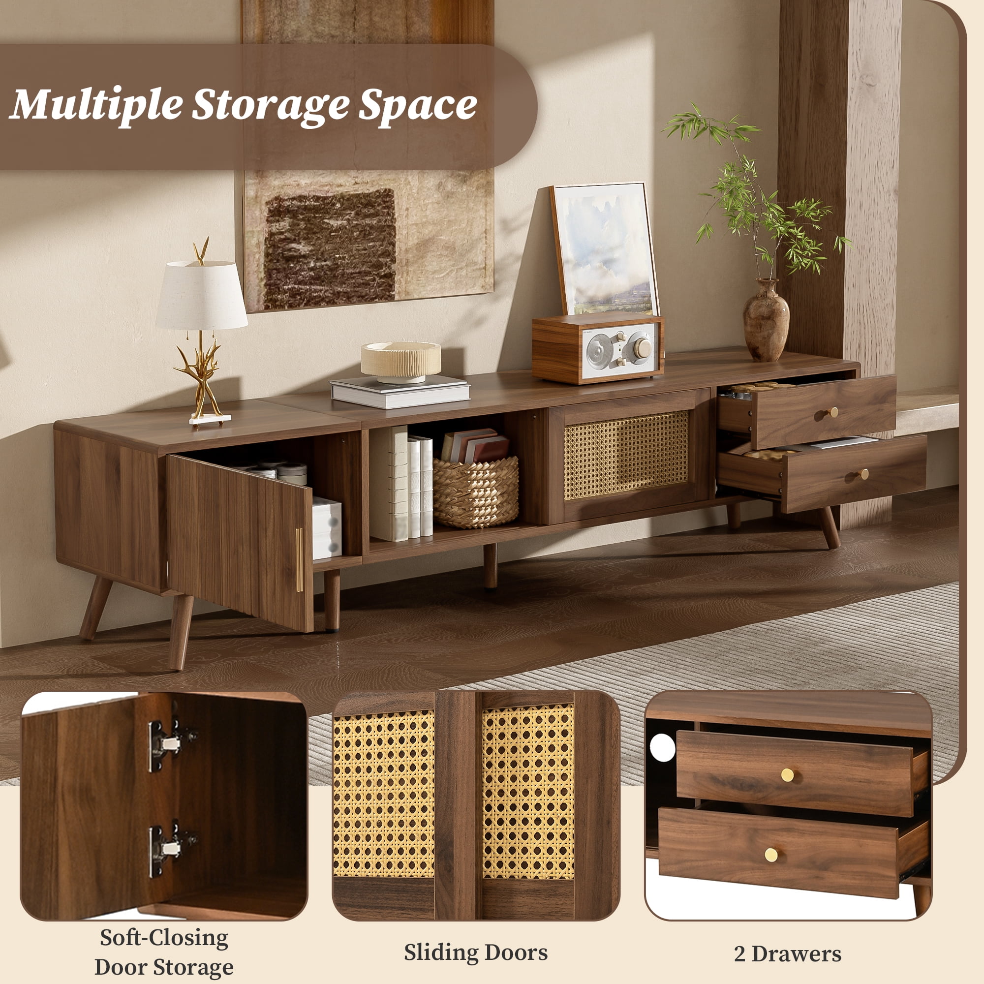 76" Modern Rattan Doors TV Stand for TVs up to 85 Inches, Wood-Grain Entertainment Center with Storage Cabinets, TV Media Console Table for Living Room, Bedroom