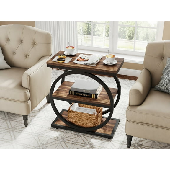 3-Tier Industrial End Table with Storage Shelves, Round Metal Frame Sofa Side Table - Multifunctional for Living Room