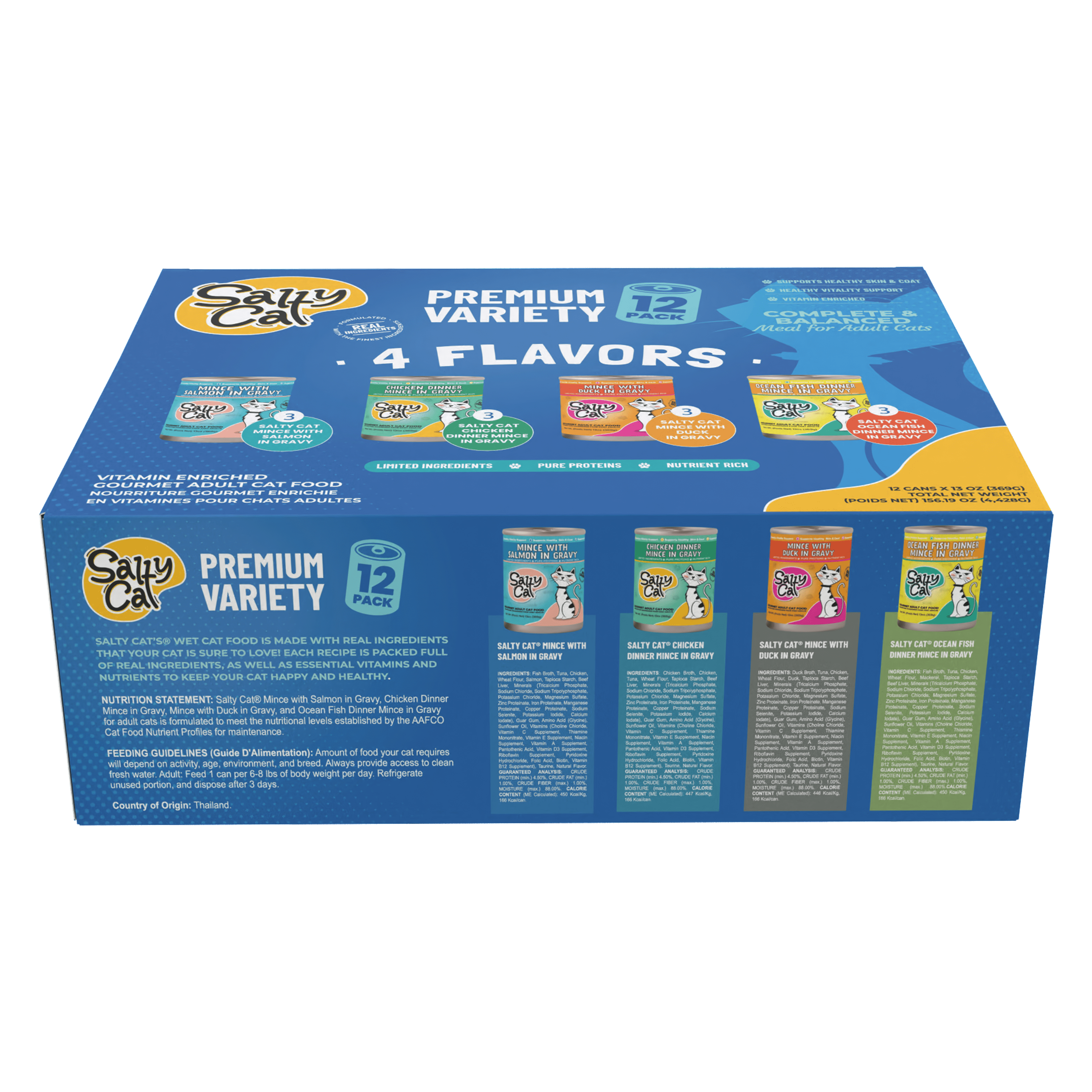 Salty Cat Premium Corn-Free Salmon, Chicken, Duck & Ocean Fish Flavor Mince in Gravy Wet Cat Food Variety Pack, 156 oz (12 Pack)