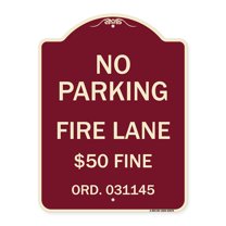 SignMission Designer Series Sign - Missouri No Parking Fire Lane $50 Fine | Burgundy 18" x 24" Heavy-Gauge Aluminum Architectural Sign | Protect Your Business & Municipality | Made in