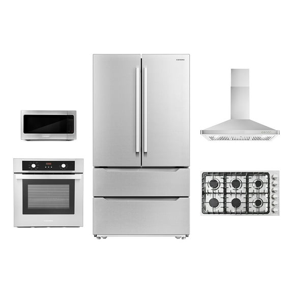 Cosmo 5 Piece Kitchen Package With 36" Gas Cooktop 24" Single Electric Wall Oven 24.4" Countertop Microwave French Door Refrigerator & 24" Built-in Fully Integrated Dishwasher
