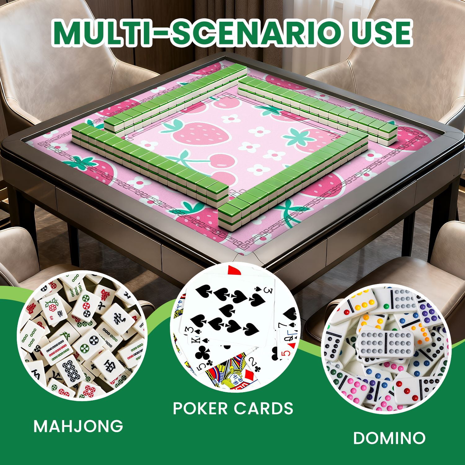 Mahjong Mat 31.5" x 31.5" Cute Pink Strawberry Cherry White Flowers Pink Non-Slip Noise Reduction American Mahjong Tiles Table Cover for Dominoes Poker Card Board Games Gift