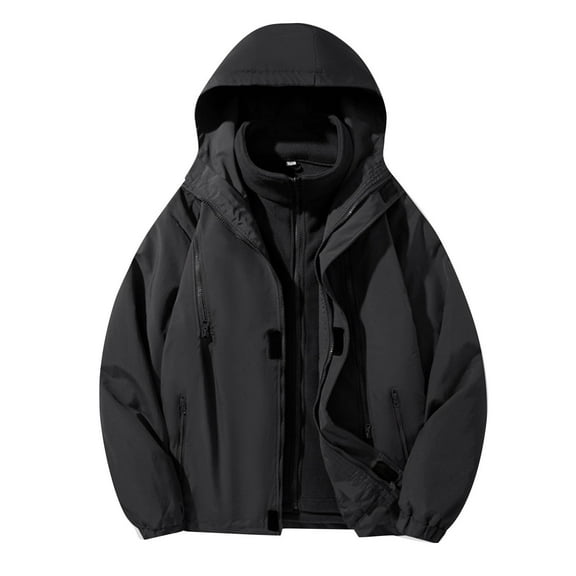 Timoontee Men's 3-in-1 Jacket Coat Outdoor Casual Windbreaker Fleece Lined Warm Jacket Casual Comfy Hooded Coats Solid Full Zip Outerwear Coat Black XXXL