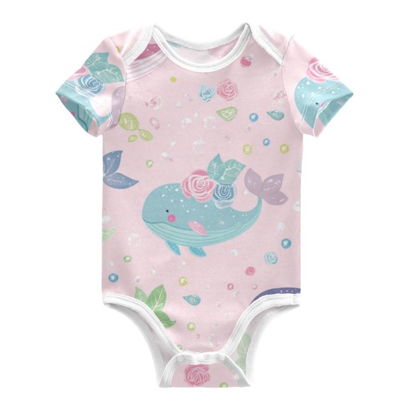 Colorful Cartoon Whales Beautiful Roses Leaves Pure Cotton Bodysuit Short Sleeve Pajamas One-Piece Romper Unisex 3 Months