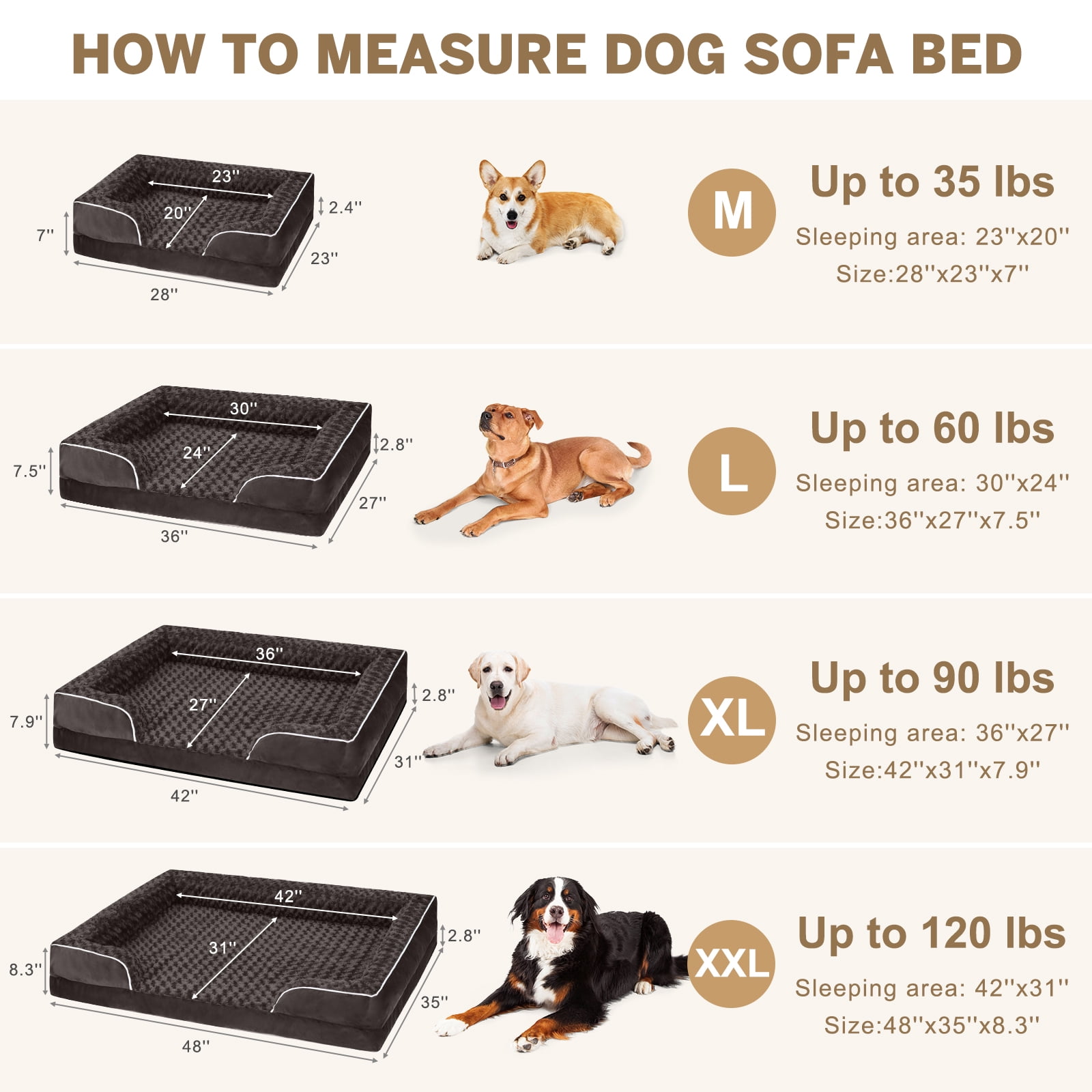 PayUSD Large Dog Bed for Extra Large Dogs Waterproof Orthopedic Dog Sofa Bed Non Slip Pet Couch with Removable Washable Cover Supportive Foam M to XXL, Brown