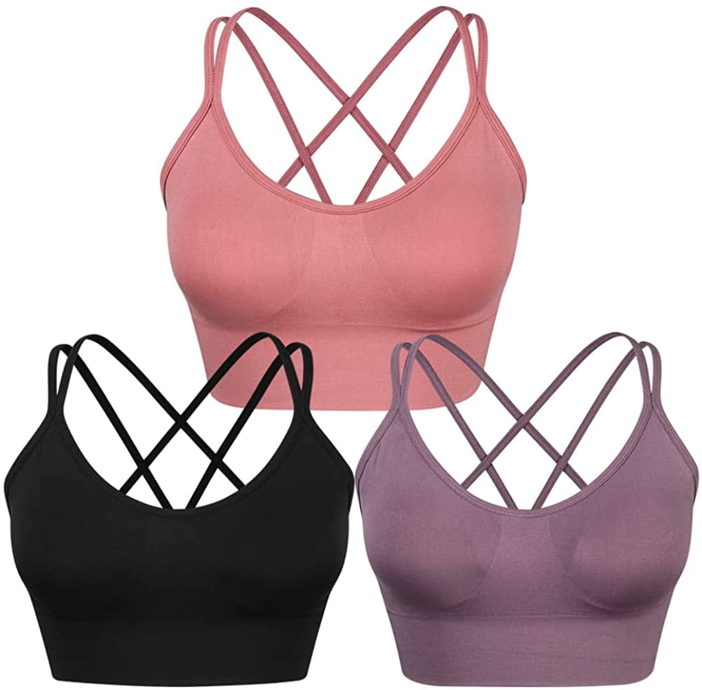 "WANAYOU Women Strappy Sports Bra for Women,Cross Back Sports Bra Padded Yoga Bra 3 Pack Medium