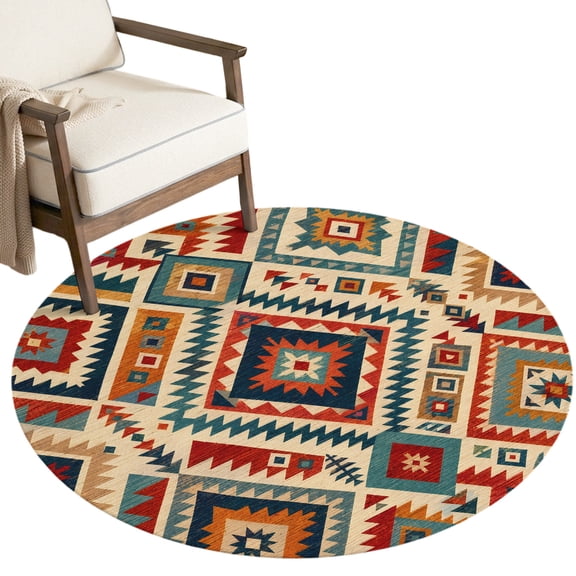 Bohemian Plaid Washable Round Area Rug 4 ft, Boho Southwestern Tribal Vintage Geometric Checkered Soft Non‑Slip Rugs Stain Repellent Indoor Mats for Coffee Table, Bedroom, Small Dining Nook