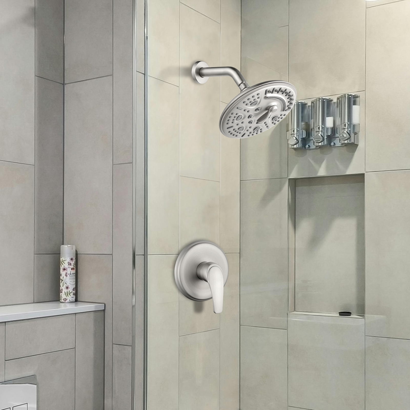 Cobbe 8-Inch Single Handle Bathroom Rain Shower Head Set with 6-Spray Patterns ABS Rainshower Showerhead Brushed Nickel