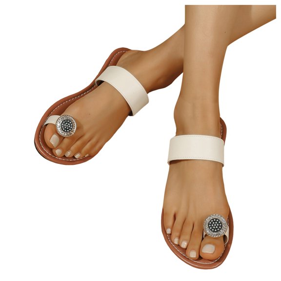 Beach Sandals for Women 2025 Boho Summer Toe Ring Flip Flops Comfortable Leather Flats Slip on Dress Slides