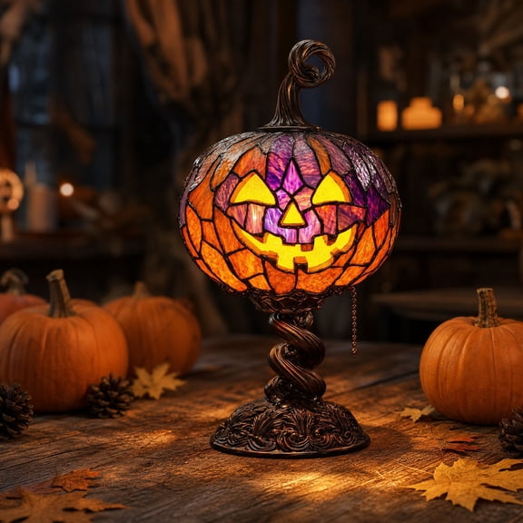 Liamobondopolis 8.66 Inch Tiffany Stained Glass Jack O Lantern Table Lamp Vintage Halloween Decor Pull Chain Warm Light Lamp for Nightstand Mantel Halloween Party Decorations