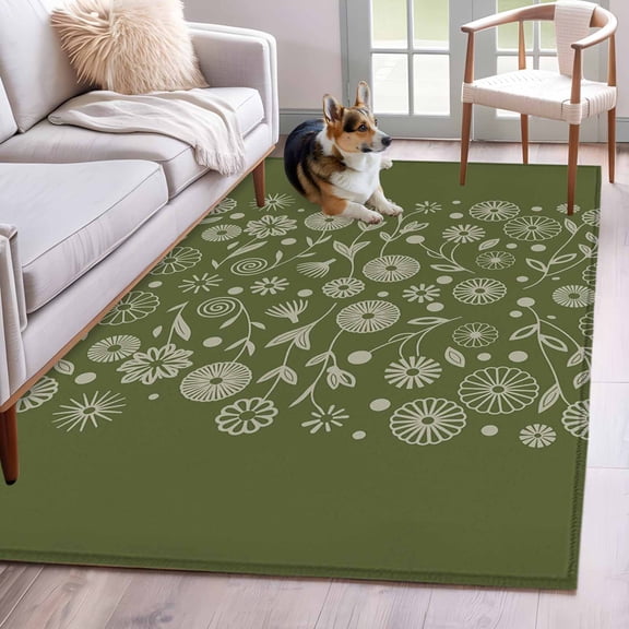 3'x5' Rug for Living Room Bedroom, Japanese Washable Area Rugs Non-Slip Carpet Mats, Green Rustic Retro Pastoral Floral Leaves Indoor Low Pile Area Rug Runner for Kitchen, Mudroom