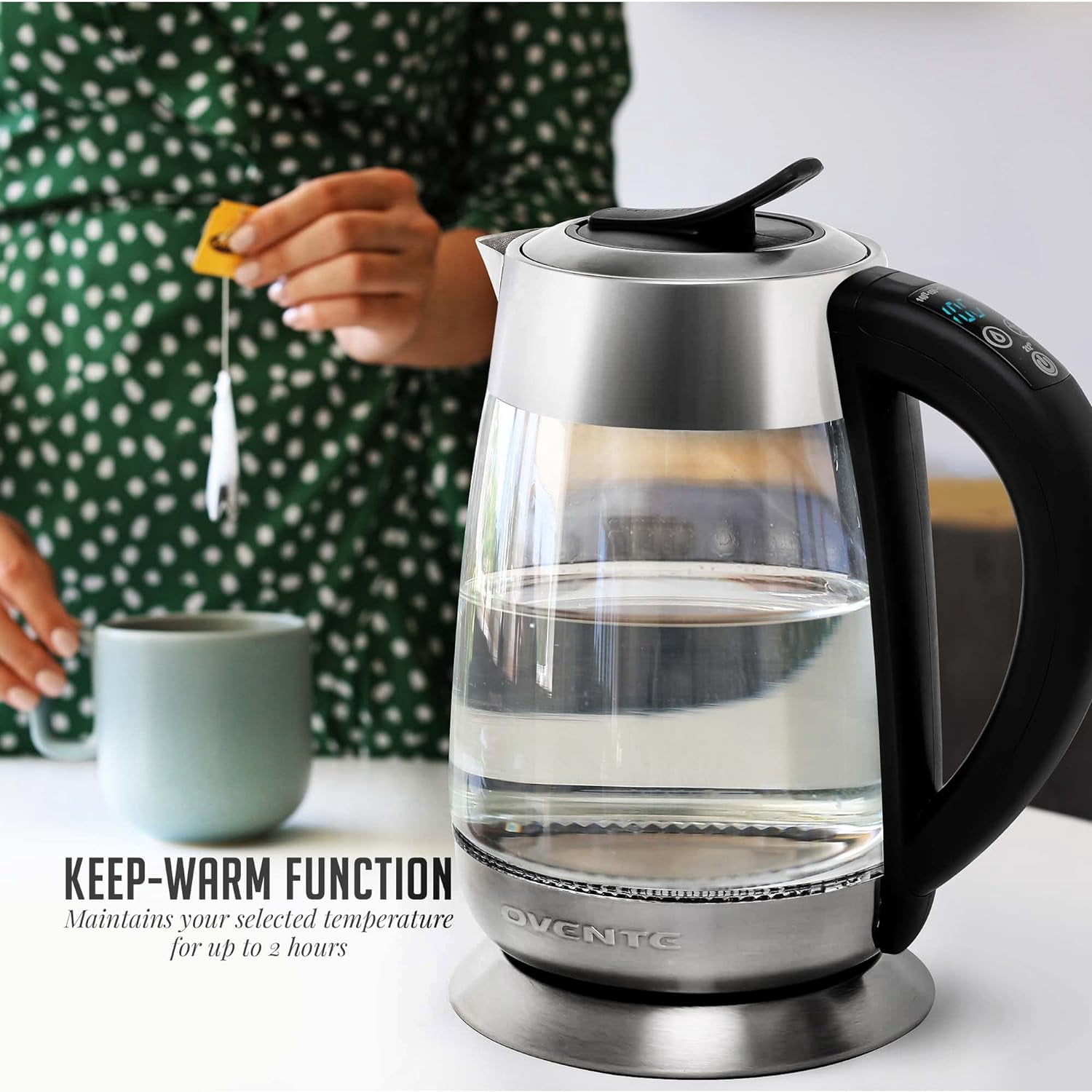 OVENTE Electric Glass Kettle Water Boiler 1.8 Liter BPA Free - 1500W w/Stainless Steel Infuser, Set Temperature Control, Auto Shut Off, Portable Fast Instant Heater for Coffee & Tea - KG661S