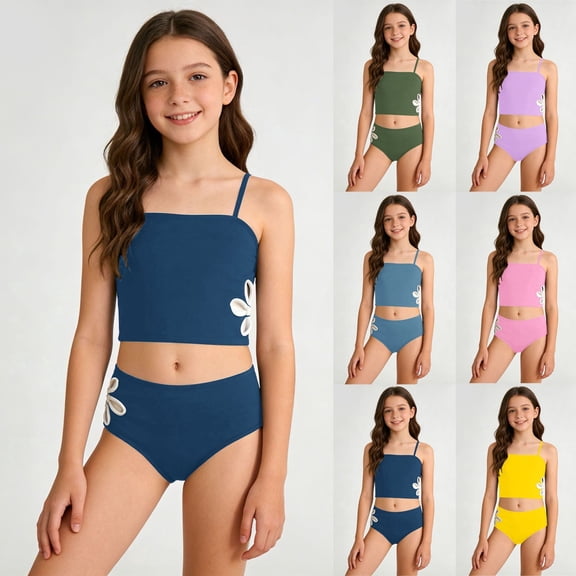 ibiyuan Girls Period Swimwear 2 Piece Tie-Straps Girls Bathing Suits Lightweight Color Block Tankini Sets Ruffle Ruched Rash Guard Bikini Bottoms Mesh Summer Swimwear
