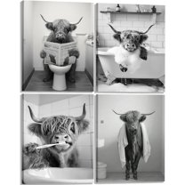 Aingg 4Pcs Funny Bathroom Wall Art Black and White Retro Highland Cow Poster Prints Rustic Farmhouse Humo Animal Canvas Pictures for Bathroom Restroom Wall Decor Unframed