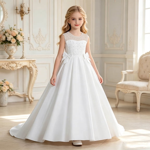 HAYIMI Child Elegant Satin Dress For Girls With Bow Long Solid Color White Summer O-Neck Sleeveless Stylish Dresses