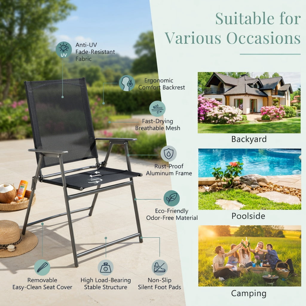 Hommoo 4-Pack Folding Patio Chairs with Rust-Resistant Metal Frame, Heavy-Duty Outdoor Chairs, Space-Saving Foldable Design for Backyard, Deck & Camping, Black