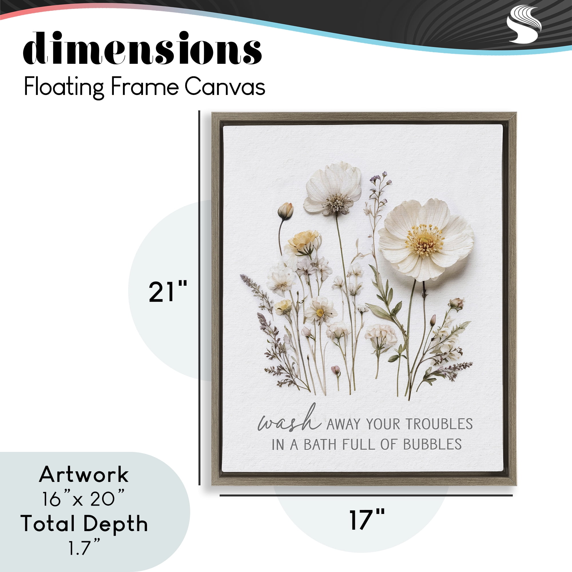 Pressed Flowers Wash Away Troubles Brown Framed Floater Canvas Wall Art, design by Lettered and Lined