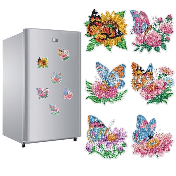 6pcs Diamond Painting Kit Fridge Magnets Flower Butterfly DIY Glitter Magnetic Stickers Creative Handmade Fridge Decor Perfect for Kitchen Decor and Holiday Gifts