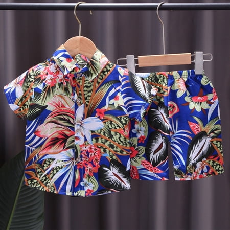 Boys 2 Piece Outfits Hawaiian Shorts Sets Button Down Shirt and Shorts Summer Beach Clothes for 1-6 Years Blue 5-6 Years