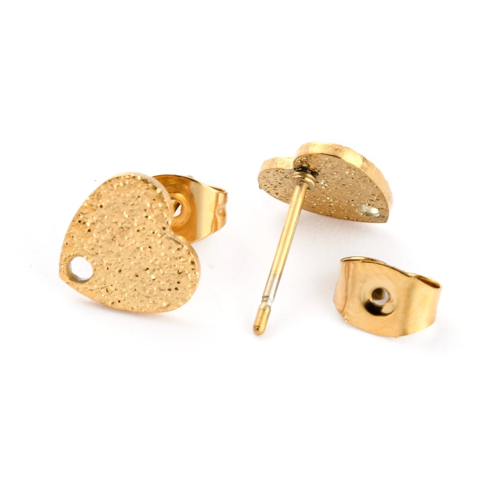 Ion Plating(IP) 304 Stainless Steel Stud Earring Findings with Ear Nuts/Earring Backs and Hole Heart Shape with Textured Golden 8.4x9x1mm Pin: 0.8mm