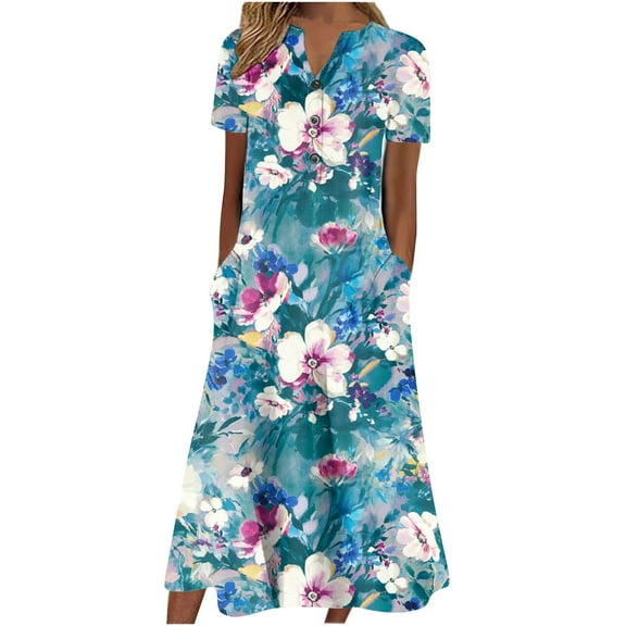 Wycnly Dresses for Women 2024 Button Down Pocket Hem Swing Tshirt Tunic Long Dresses Short Sleeve V-Neck Floral Summer Maxi Casual Dress Blue XL Clearance Clothes