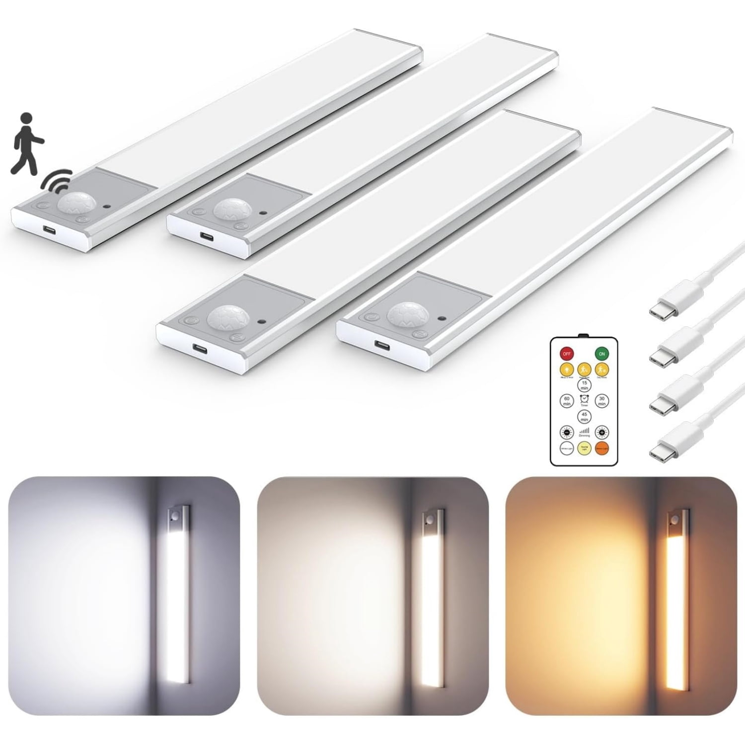 8" Ultra-Thin Under Cabinet Lighting Wireless, Aluminum Alloy Under Counter Lights for Kitchen, 3-Color-Temps Magnetic Closet Lights, Rechargeable Motion Sensor Light Indoor (4 Pack, Silver)