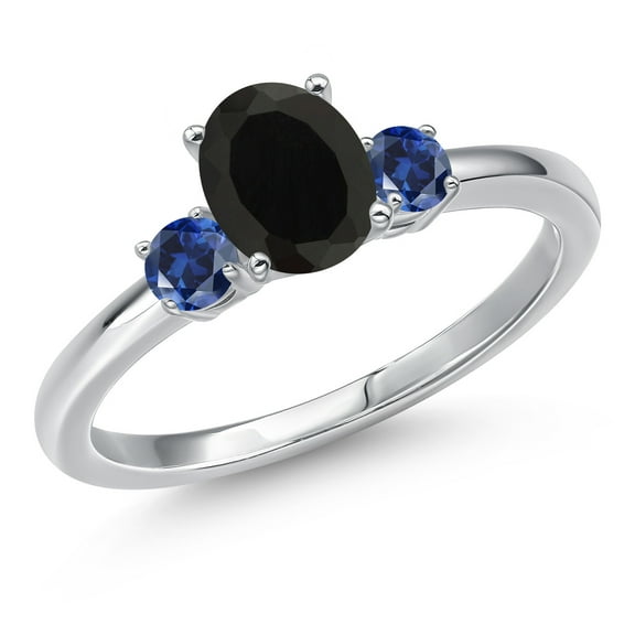 Gem Stone King 14K White Gold Black Onyx and Blue Created Sapphire Engagement Ring for Women | 0.98 Cttw | Oval 7X5MM | Gemstone December Birthstone | Size 8