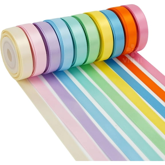 Pastel Rainbow Ribbon Assortment Satin Rainbow Colored Ribbon 3/8" X 50 Yards for Crafts, Gift Wrapping, Party Decoration, DIY Handmade Hair Bows Pastel Satin Set 10 Count (Pack