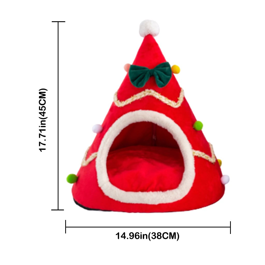 Summercome Christmas Tree Dog House, Cozy Dog Cave Pet Sleeping Bed Puppy Tent with Removable Cushion, Pets Bed for Small Dogs Cats, (Red, S Size 14.69in)