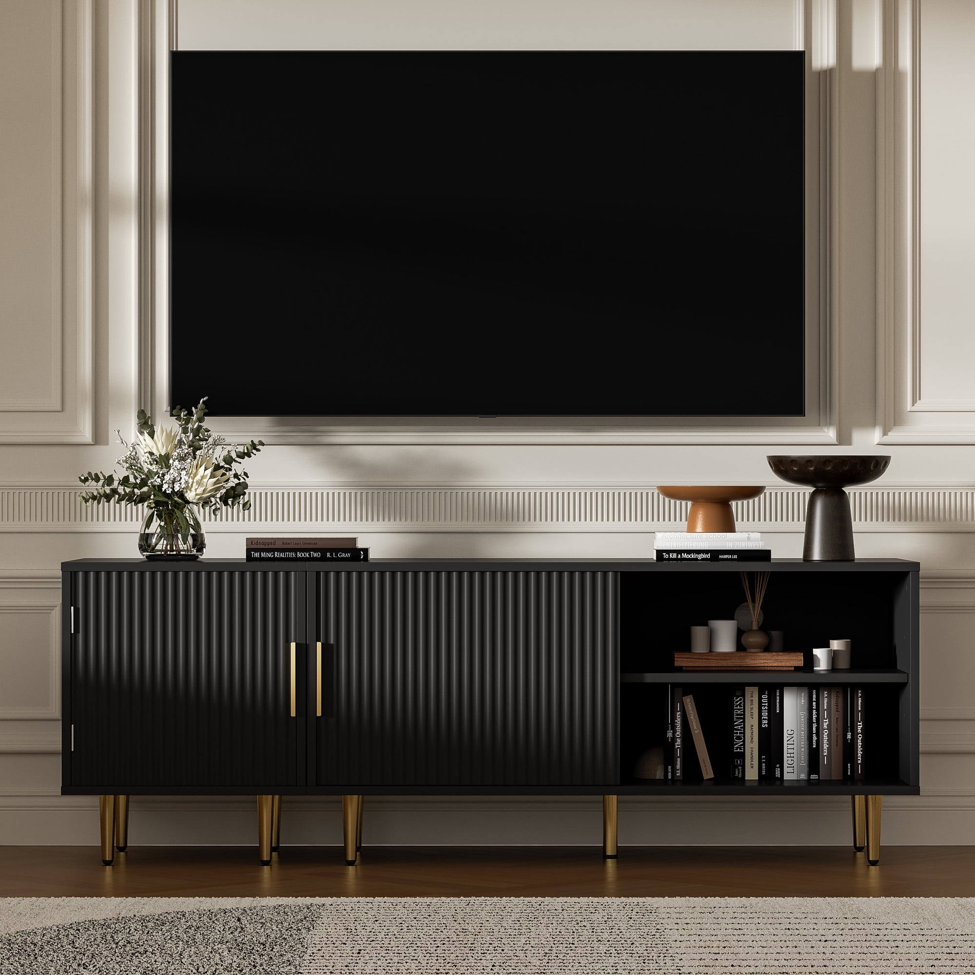 Combined Modern TV Stand For 55/60/65Inch TV,Small Entertainment Center With Adjustable Shelf,TV Media Stand With Storage Cabinet, TV Console With Gold Legs For Living Room,Bedroom,Black