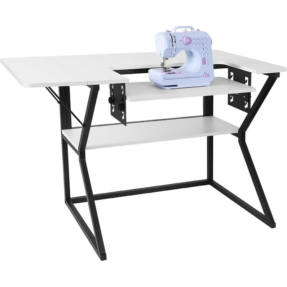 Vividwood Sewing Table, Large Sewing Machine Table with Adjustable Platform and Storage Shelf