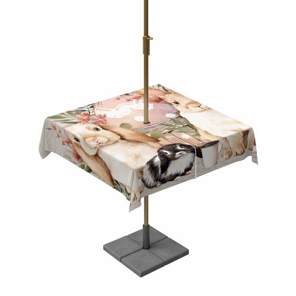 Easter Bunny Outdoor Tablecloth - 60x60 Inch Square Dining Table Cover, Eggs Green Leaves Country Flowers Cups Waterproof Outdoor Table Cloth with Umbrella Hole & Zipper for Picnic/Patio/Party