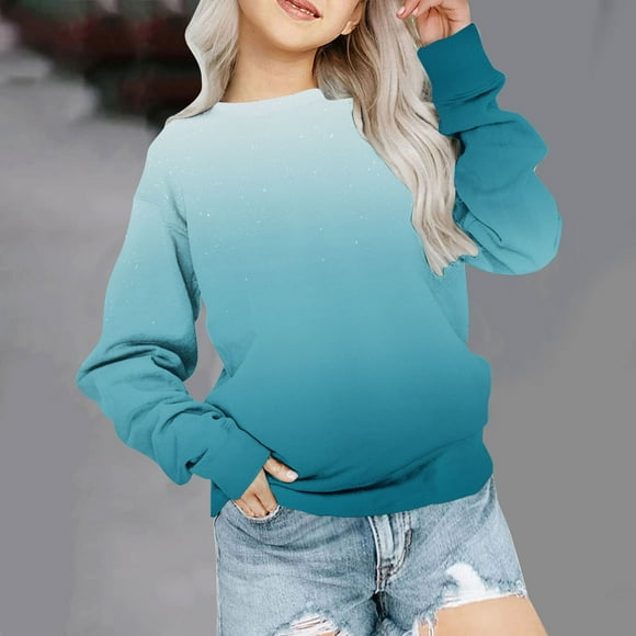 Milgrthf Chandails en Molleton Dégradés pour Filles Col Ras du Cou Coupe Ample Hauts Manches Longues à Blocs de Couleur Décontractés Légers Chandails à Enfiler Blouses Bleu Pâle 9 Ans