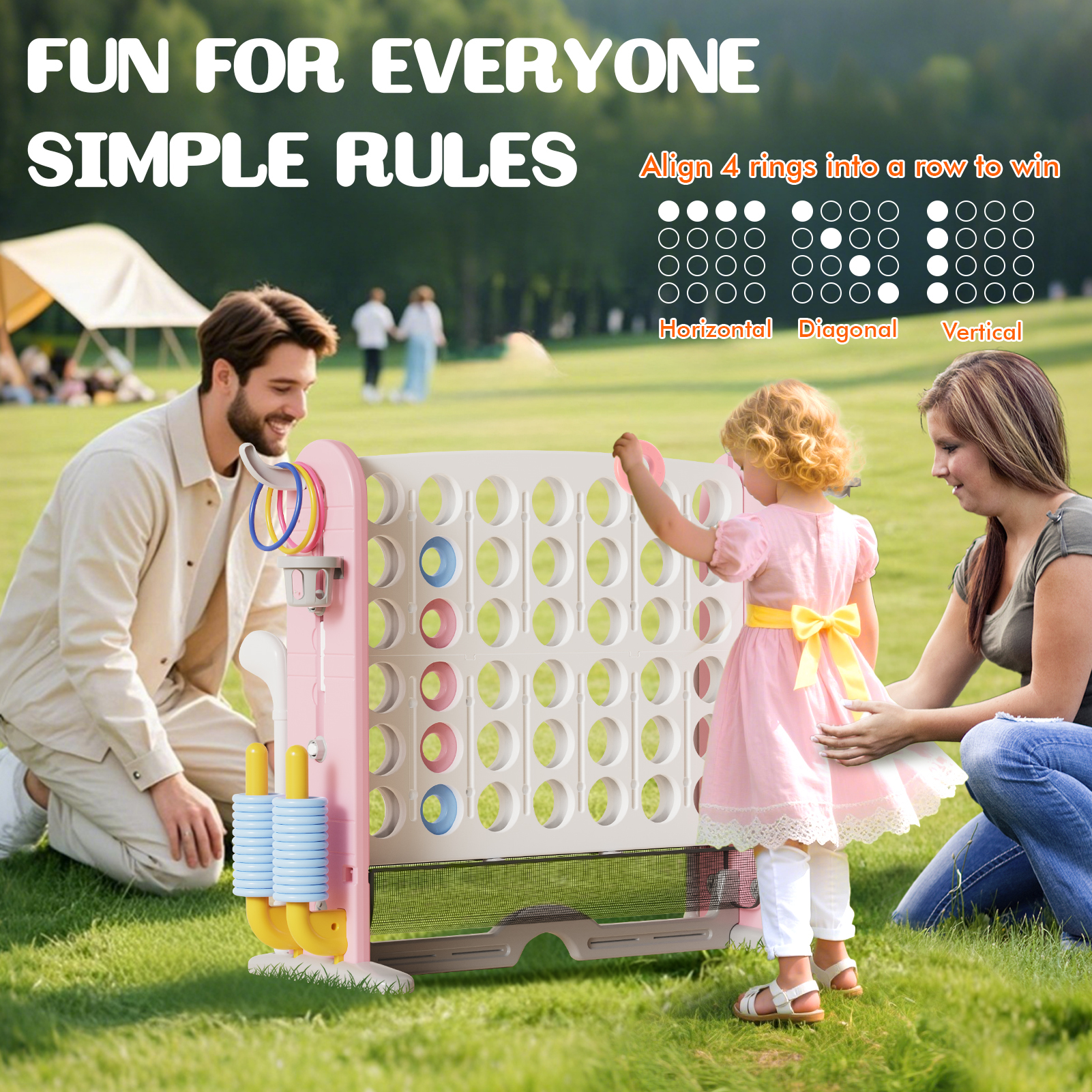 Wdmiya 4 in a Row Connect Games Set, Adjustable Height Connect 4 Jumbo Yard Family Game with Basketball Hoop, Mesh Pocket & Ring Toss,Indoor Outdoor Connect 4 Game for Kids Adults, White+Pink