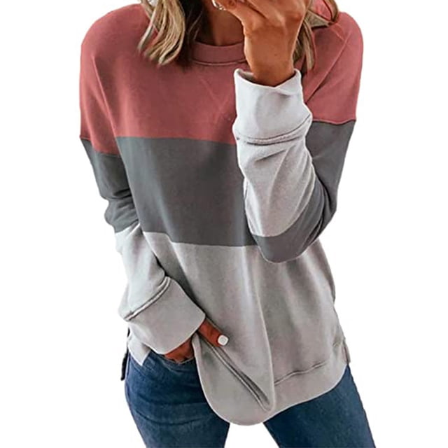 Daeful T-shirt à Manches Longues, Col Rond, T-shirt pour Femmes, Col Rond, Coupe Ample, Hauts à Blocs de Couleur, Rose, P