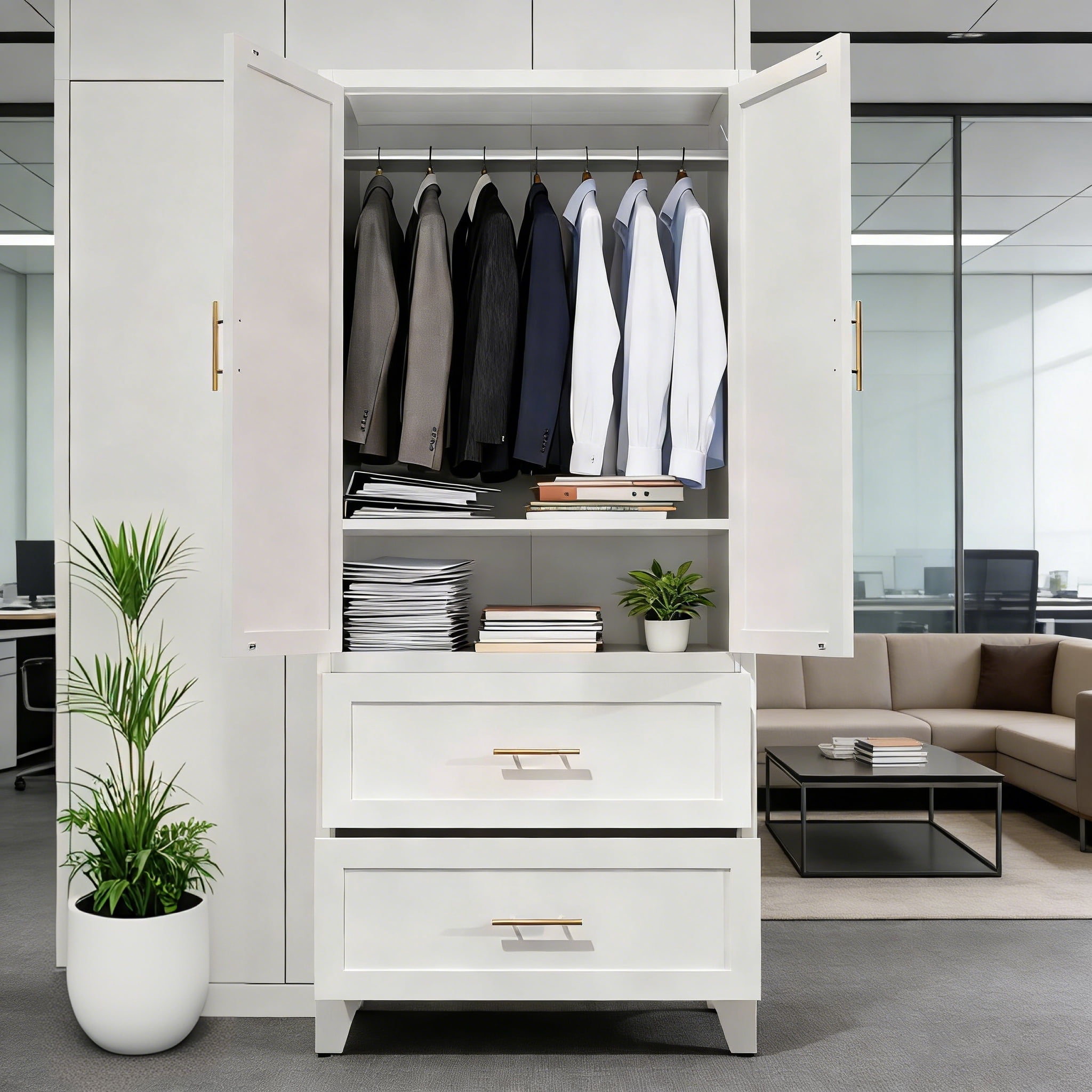 Miniyam 71" Tall Metal Wardrobe Cabinet with 2 Drawers & Hanging Rod, 2-Door Storage Closet for Bedroom Office Laundry Room (White)