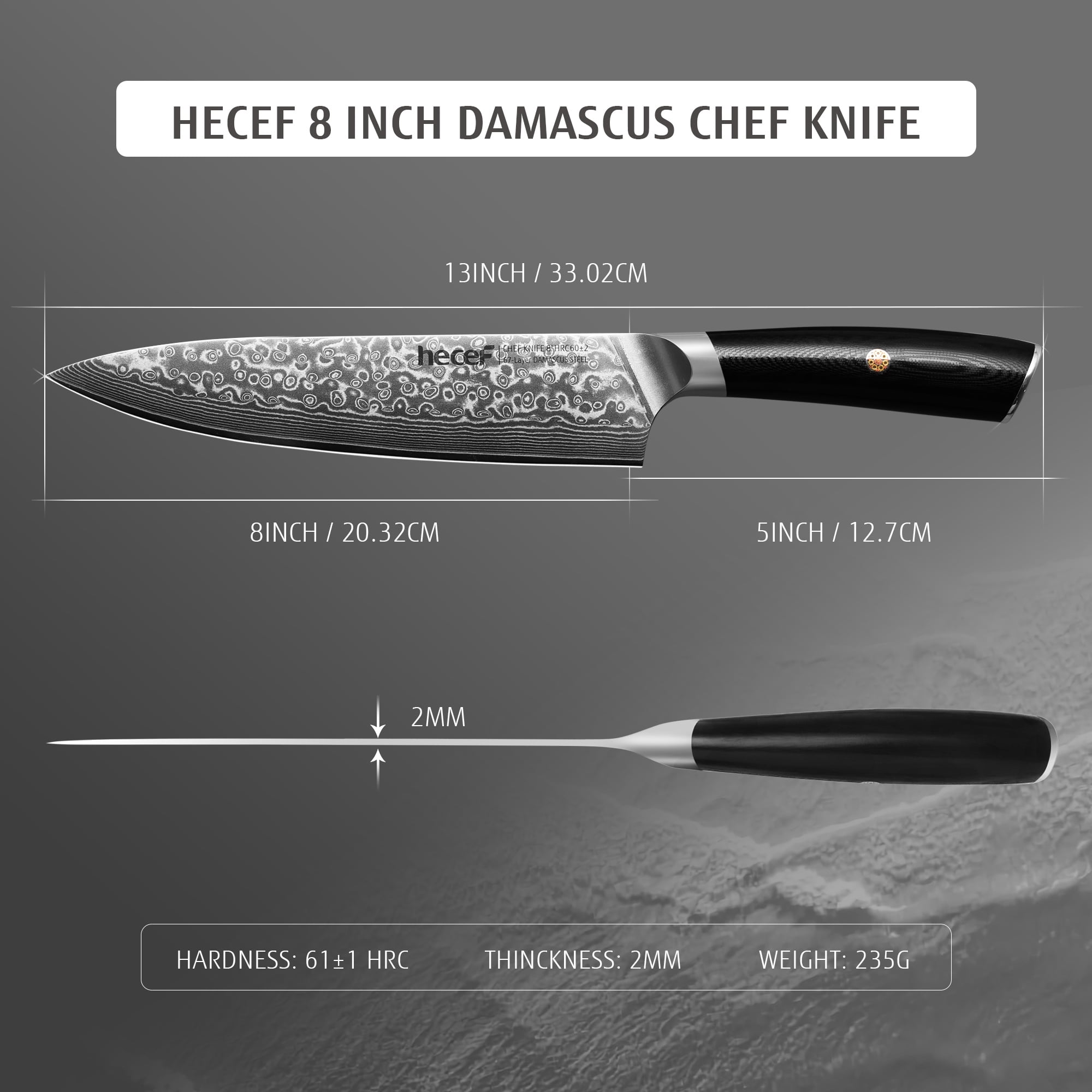 Hecef 8-Inch Damascus Steel Chef Knife, VG10 Professional Kitchen Knife