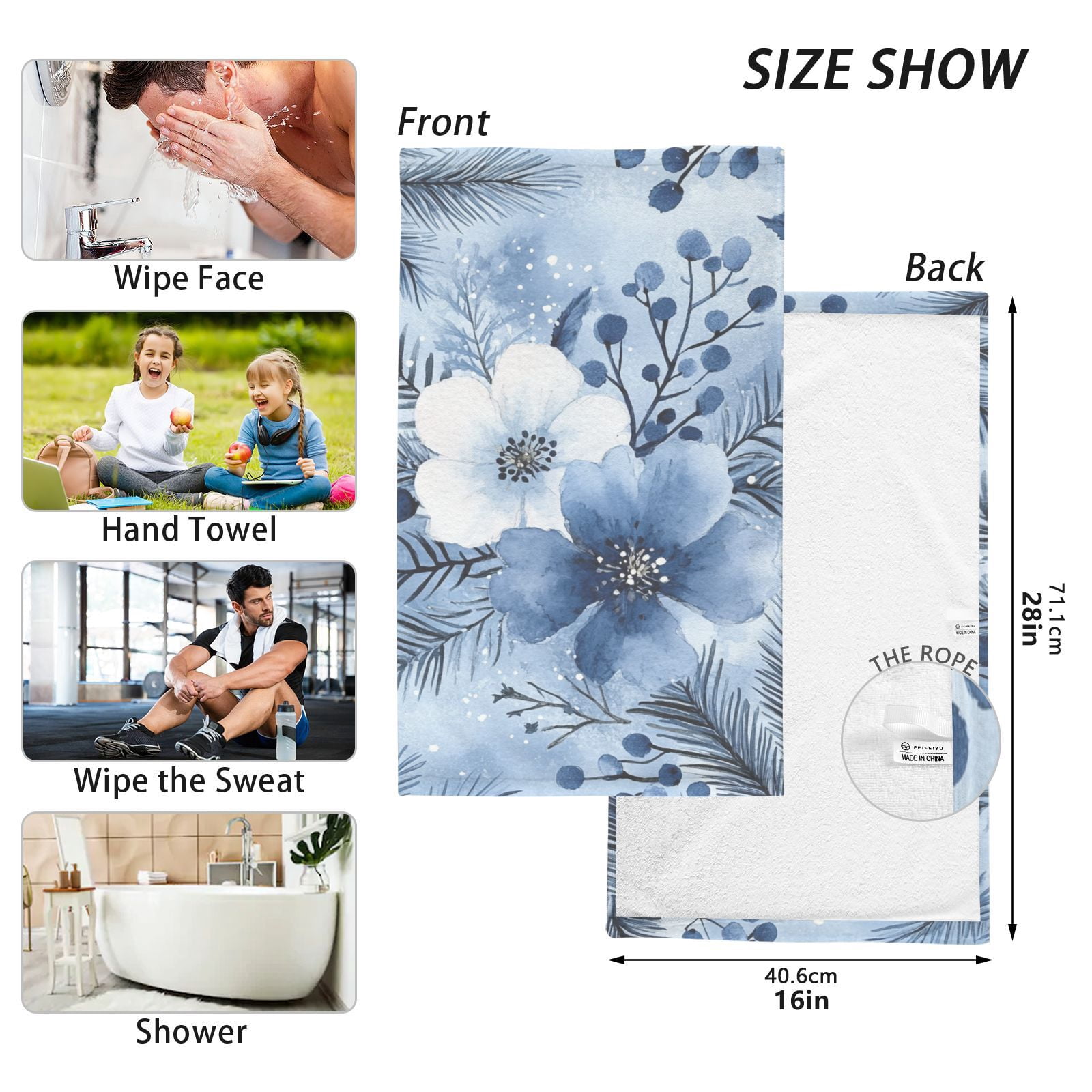 Blue and White Flowers Hand Towels Cotton Bath Towels Large Face Towels Absorbent for Bathroom 2 Packs