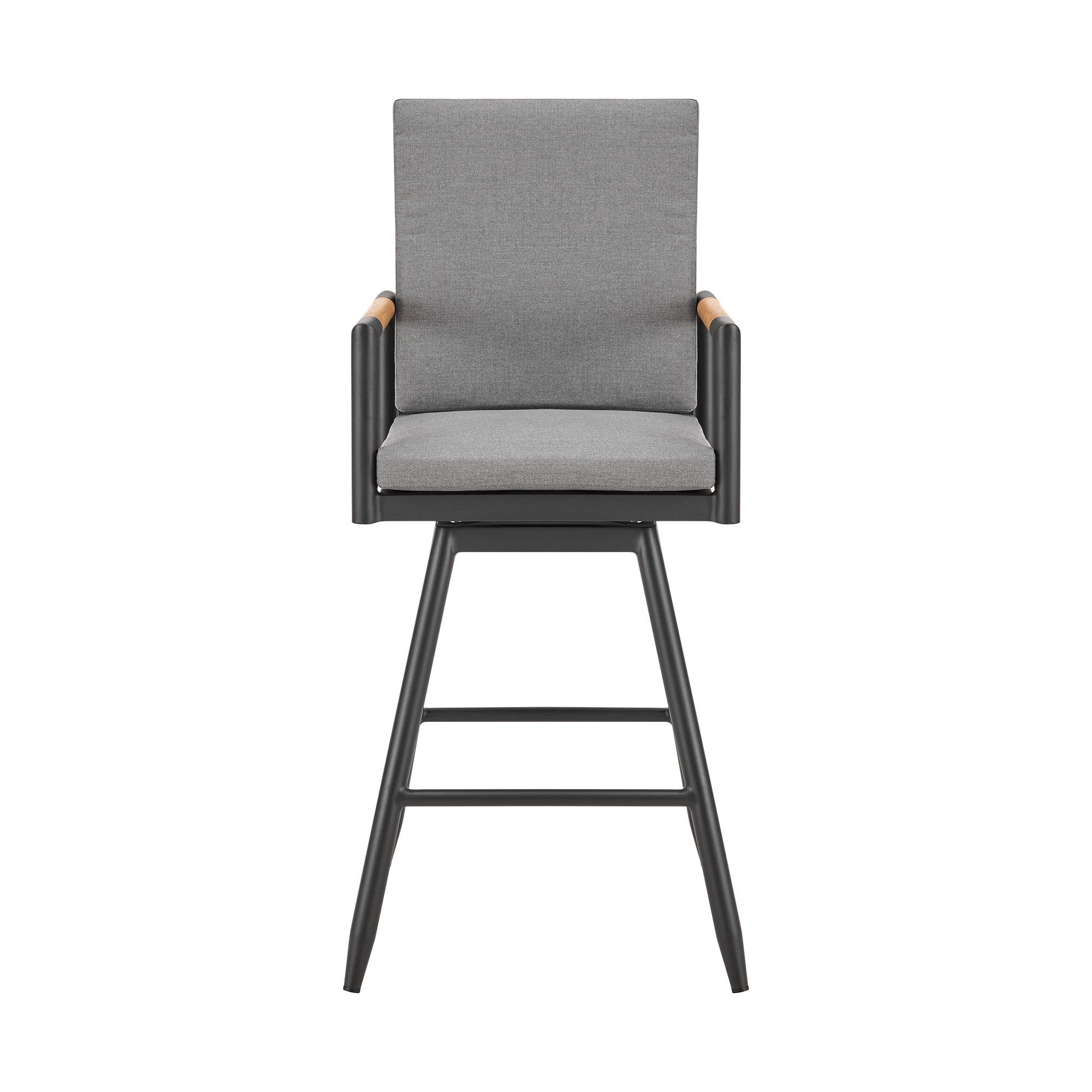 Crown Outdoor Patio Swivel Bar Stool in Black Aluminum with Wood Accent and Dark Gray Cushions - Set of 2