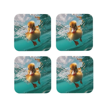 

Coasters Set of 4 - Underwater Swimming Duck Drink Coasters for Tabletop Protection Leather Coasters for Living Room Decor and Housewarming Gift Square