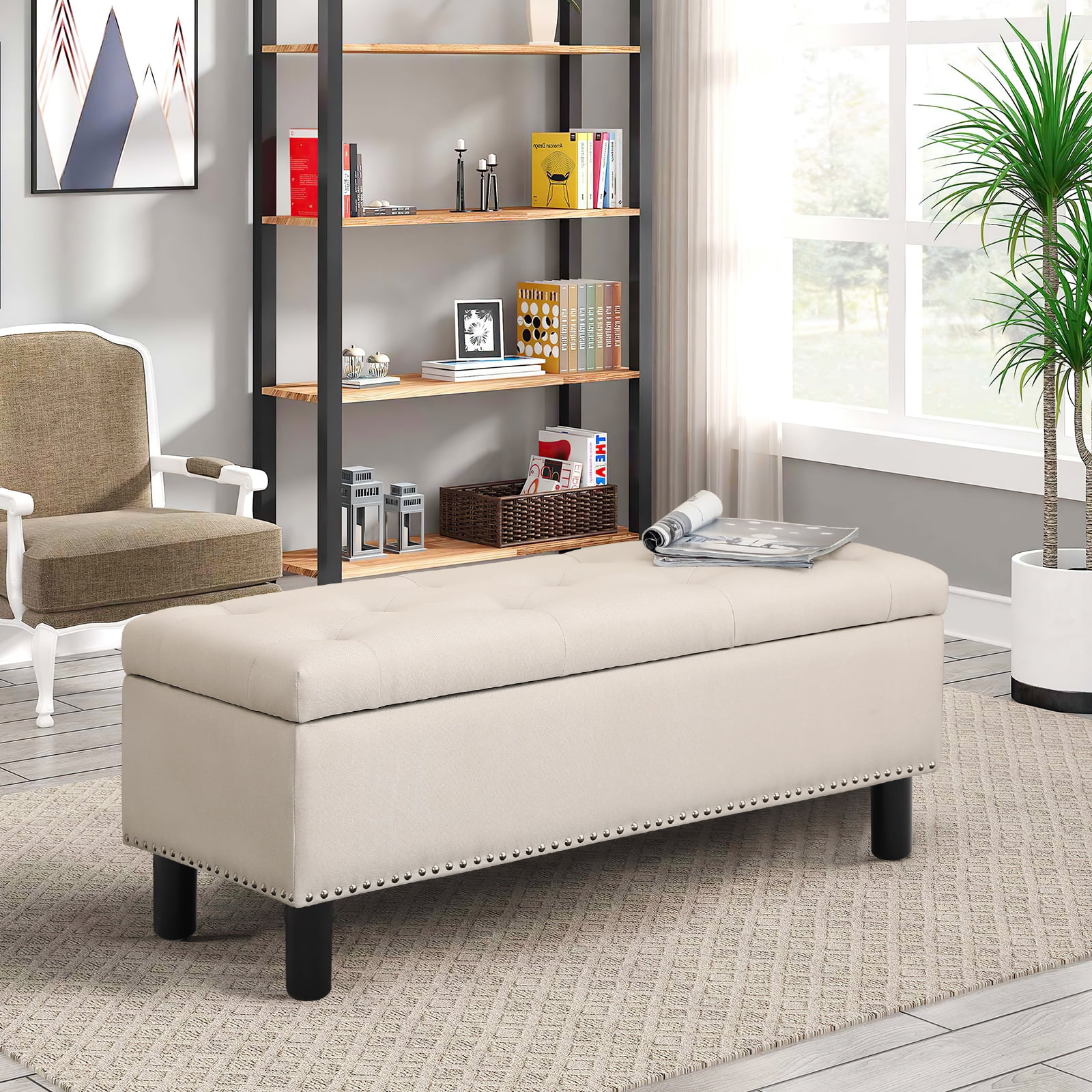 Furniliving Modern Upholstered Button Tufted Storage Ottoman Entryway Bench, Ivory