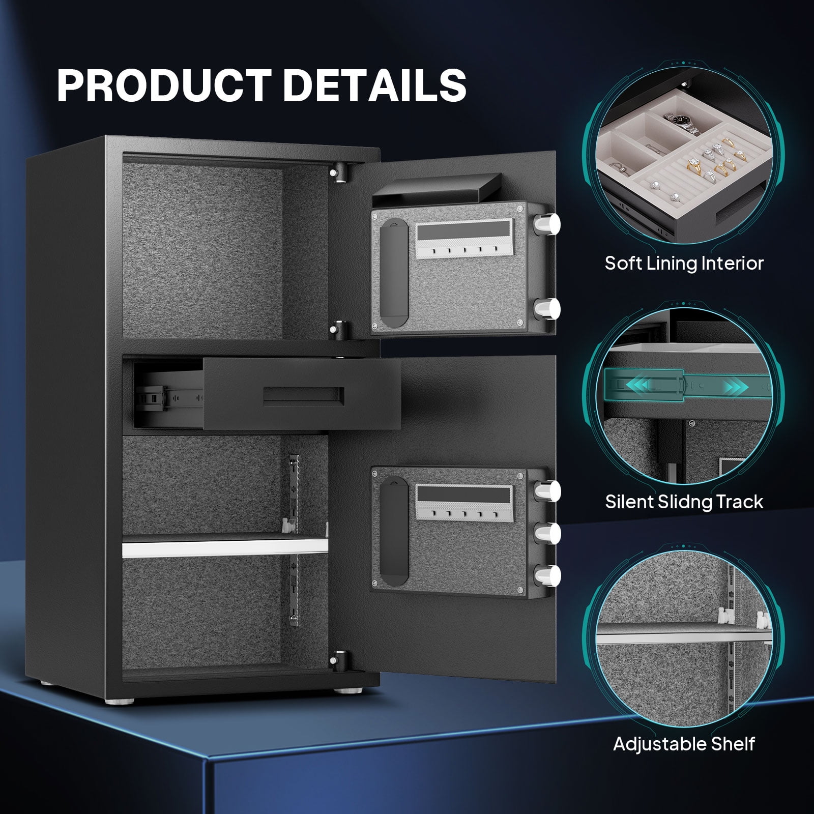 6.3 Cu ft Security Home Safes Box with Drawer, Digital Large Safe with Dual Alarm & Mute Function, Adjustable Shelves for Office, Business Documents Valuables