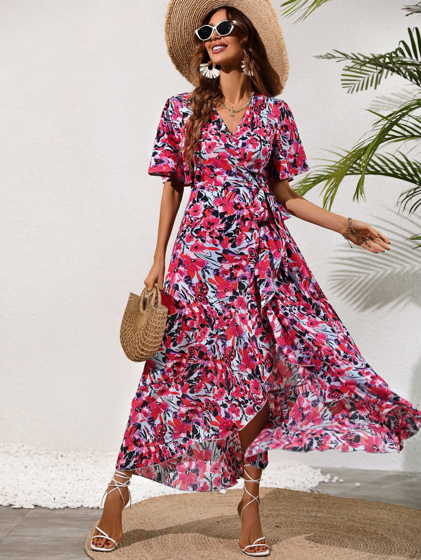 Floral Print Flutter Sleeve Ruffle Hem 