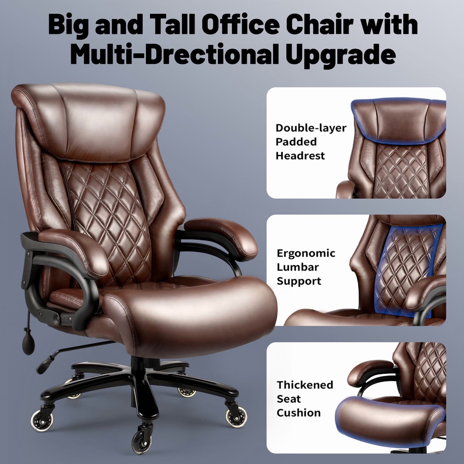 Qusaphy 800LBS Big and Tall Executive Office Chair, PU Leather Ergonomic Desk Chair with Adjustable Backrest and Thick Padded Cushion, Heavy Duty Chair for Home or Office Brown
