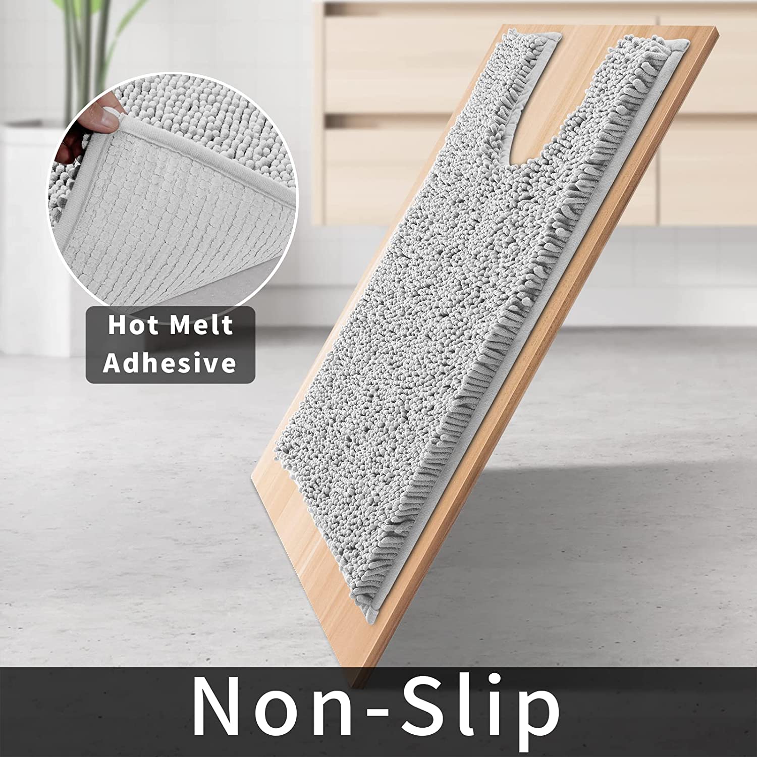Toilet Rugs U-Shaped 24x24, Extra Soft and Absorbent Microfiber Bathroom Rugs, Non-Slip Plush Shaggy Toilet Bath Mat, Machine Wash Dry, Contour Bath Rugs for Toilet Base, Silver