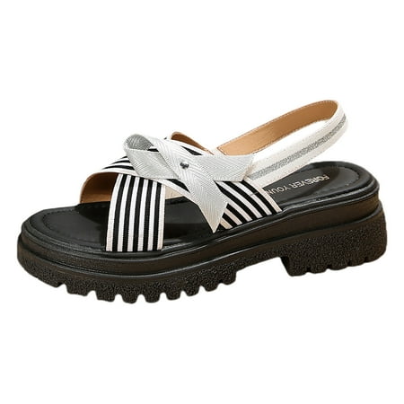 

LIANGP Women s Sandals Summer Elastic Band Striped Printing Casual Open Toe Square Heels Comfortable Beach Shoes Sandals Women s Shoes Black Size 8