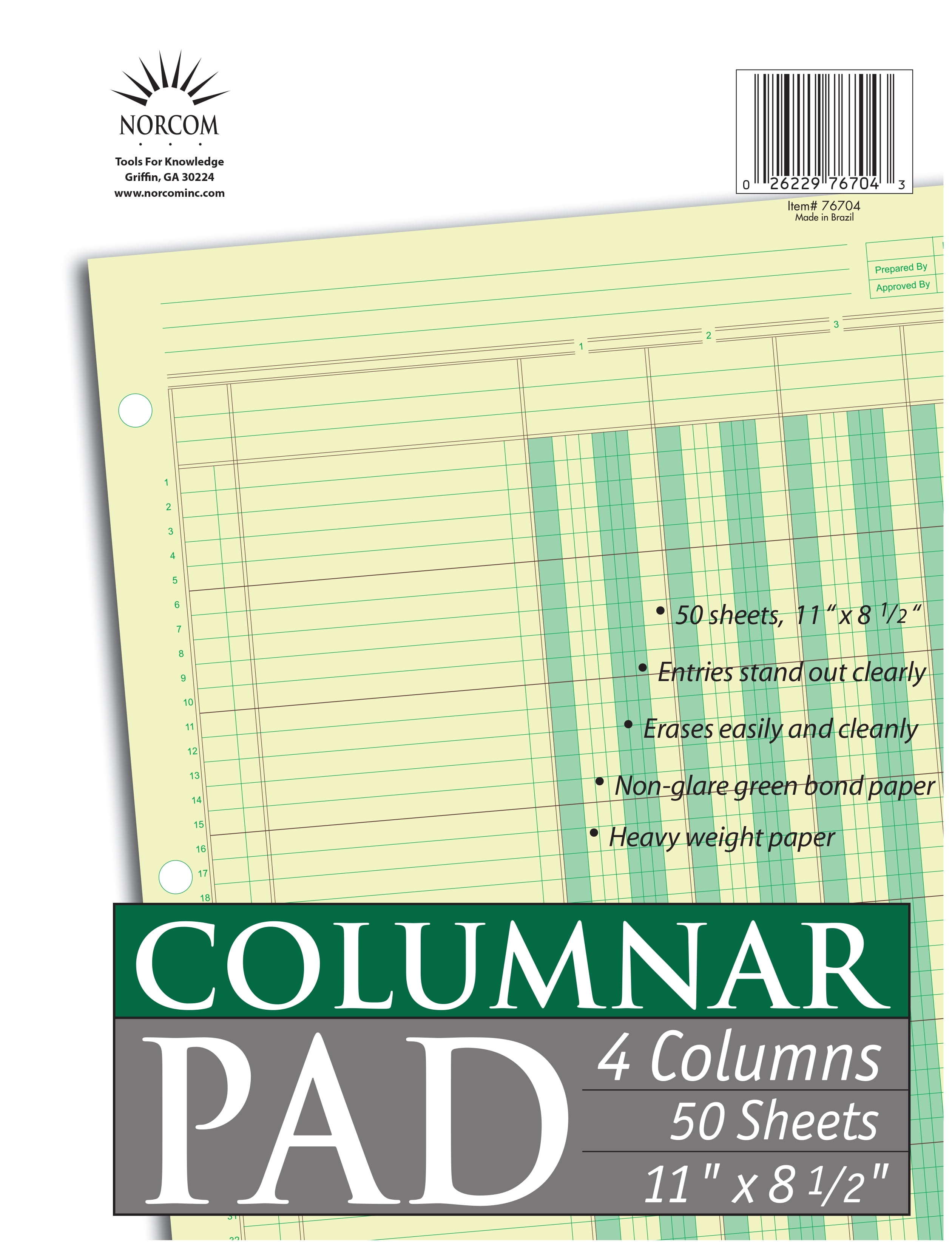 Norcom, Columnar Ledger Pad, 4 Columns, 8.5" x 11", Letter Size, 50 Sheets