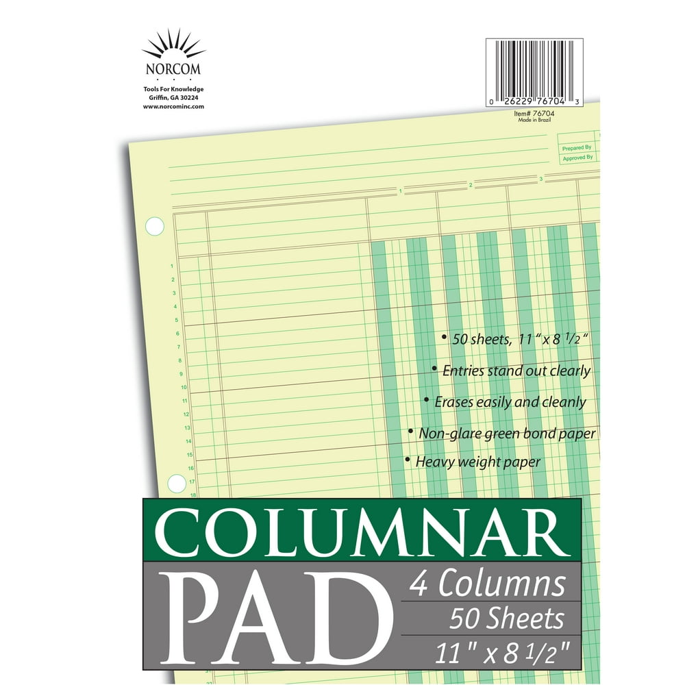 Columnar Pad, 4 Columns, 11 x 8.5 Inches, 50 Sheets Per Pad