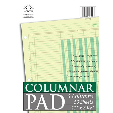 Norcom, Columnar Ledger Pad, 4 Columns, 8.5" x 11", Letter Size, 50 Sheets