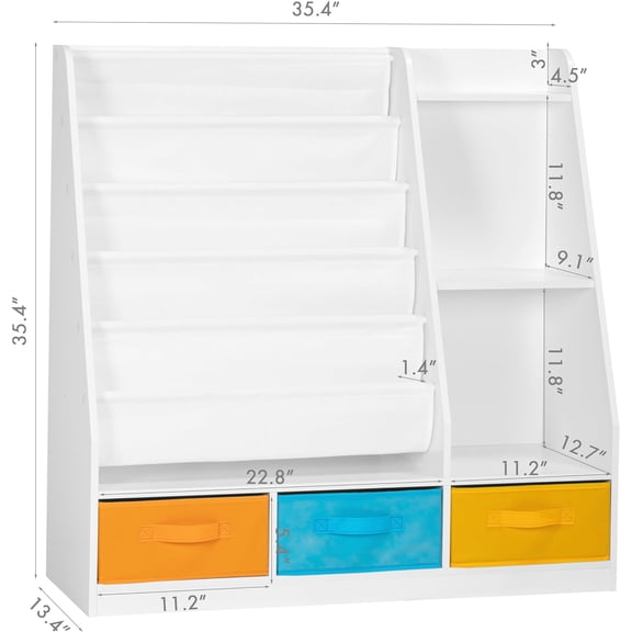 5-Tier Kids Sling Bookshelf with Storage Bins, Wood Children Bookcase, Toddler  Book Shelf for Kids Room, Classroom, Bedroom, and Nursery, White